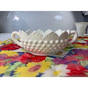 Fenton Milk Glass Hobnail Sugar Bowl White‎ Scalloped Edge Double Handle Vintage